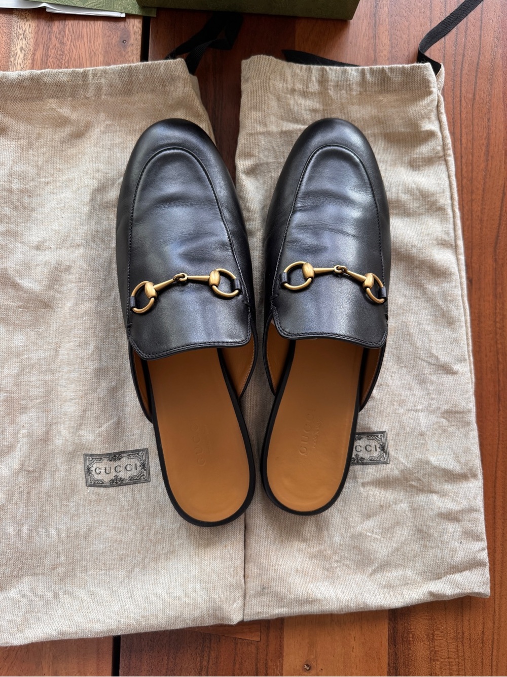 Gucci Black Leather Horsebit Mules with Gold Hardware